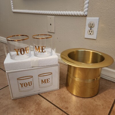 Pottery Barn Emily Meritt YOU & ME Highball Cocktail Glasses ICE BUCKET Gold 