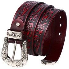 Men Genuine Leather Belt Retro Floral Carved Belt Strap Pin Buckle Western Belts
