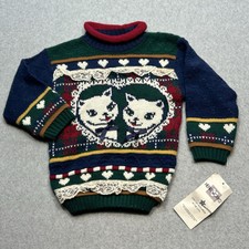 Vintage 80's Dead Stock Kids Cat Pullover Sweater Lace Bows Size 3T Made In USA