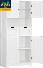Tall Bathroom Storage Cabinet with 4 Doors, 2 Shelves, and 2 Drawers, White