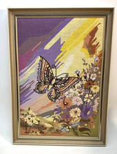 Needlepoint Hand Stitched Butterfly Flowers Framed Wall Art Wood Frame 30" x 21  