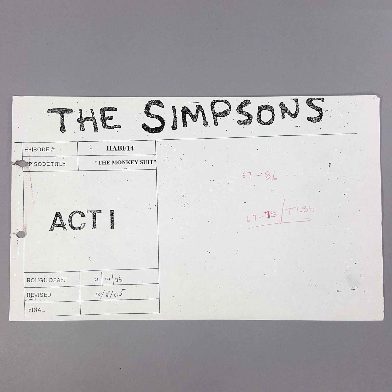 The Simpsons Production Used Storyboard Monkey Suit Act 1 Title Page, COA