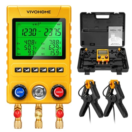 Digital HVAC Manifold Gauge Set 2 Temp Clamp Probes AC R134a R410A R32 R454B