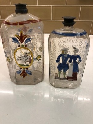 PAIR STIEGEL TYPE HAND BLOWN GERMAN CLR GLASS BOTTLE MID LATE 1700S DOVE FLORAL