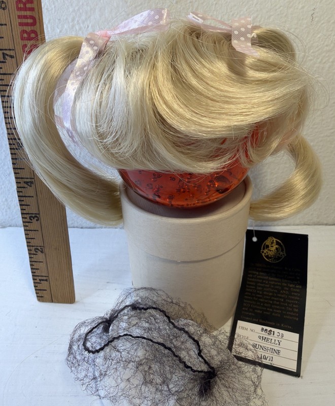 Doll Wig 10 11 Synthetic Mohair New Old Stock Lightest Blonde Shelly Bangs Bows