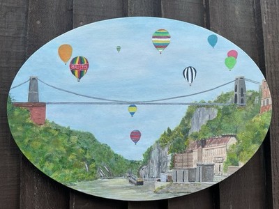  Ballons Over The Bridge  ein Acrylgemälde auf ovaler gespannter Leinwand.