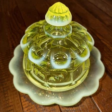 Mosser Vaseline Glass Covered Butter Dish Uranium Glass Cherry Cable Thumb Print