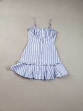 Forever 21 Women Mini Dress S Blue Stripe Button Front Ruffle Trim Sqaure Neck