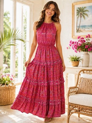 Just Taylor Sleeveless Tiered Halter Maxi Dress Sz 8 Lined Red Gypsy Boho Chic