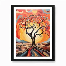 Tree at Sunset in Desert, Abstract  Framed Wall Art Poster Canvas Print Picture