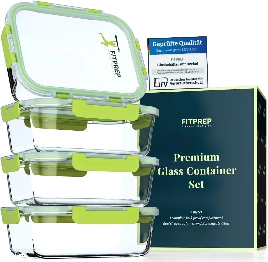 FITPREP Glass Meal Prep Boxes Set of 4 Glass Containers Airtight Lunchbox Oven