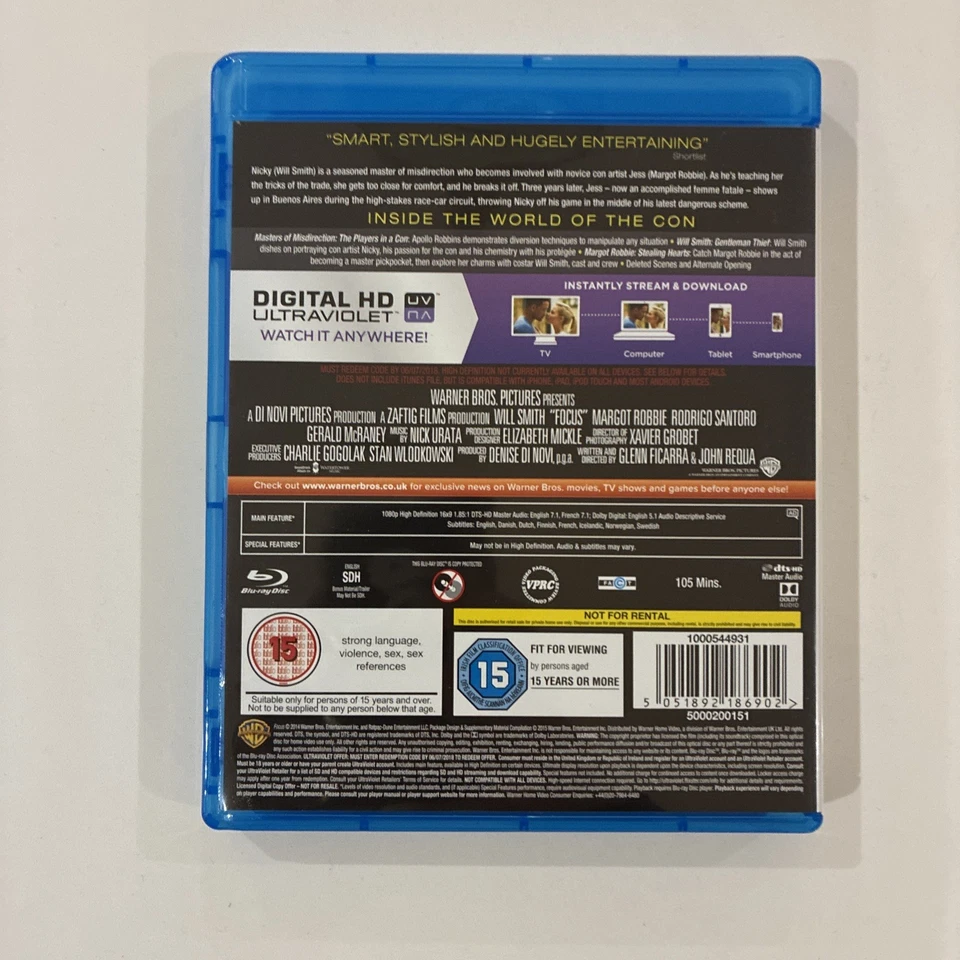 Focus (Blu-ray, 2015) Will Smith Margot Robbie Movie Film Free Post - Image 2 of 3