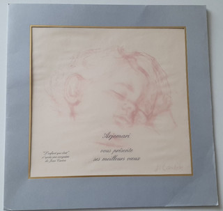 Gravure dessiné par Jean Carton l'enfant qui dort pour voeux de Arjomari 28cm