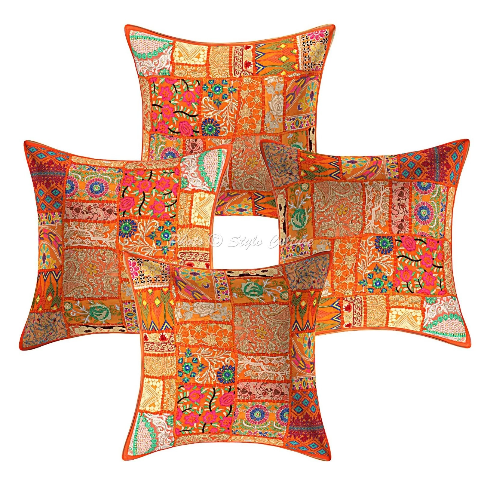 Ethnic Cotton Throw Pillow Covers Vintage Patchwork Orange Abstract Home Decor
