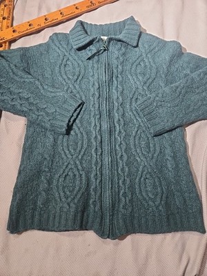 Vtg Aran Crafts Ireland Sweater Womens Medium Green Merino Wool Fisherman Zip 