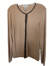 ALFANI 69% rayon, 32% nylon beige cardigan w/ black lace trim Size Large