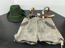 Vtg Boys Bergfreund German Lederhosen Suede Elk Shorts w/Green Tyrolean Hat