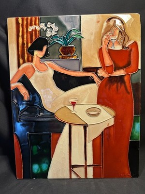 Vintage Keith Mallett Enamel on Tile Artwork 2 Sirens Wall Hanging 14x11 in.