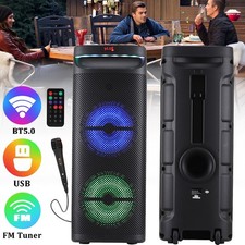 Dual 10" Bluetooth Speaker Rechargable Loud Subwoofer Party Karaok LED FM W/ Mic