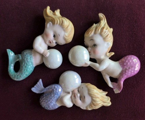 Vintage 1950 Norcrest "Bubble Mermaids" Ceramic Wall Set Of 3