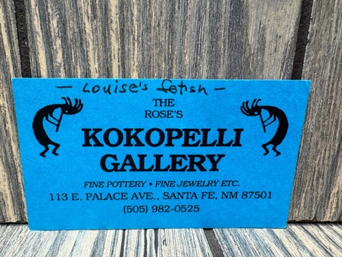 Tarjeta de visita vintage Kokopelli Gallery The Roses cerámica joyería Santa Fe casi nueva