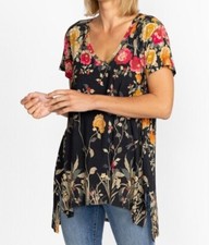 Johnny Was Graceful Drape Tunic Short Floral Black Top Flowers Shirt Large NEW