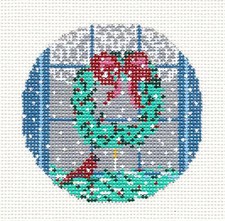 Cardinal at the Window w/ Wreath handpainted Needlepoint Canvas Needle Crossings
