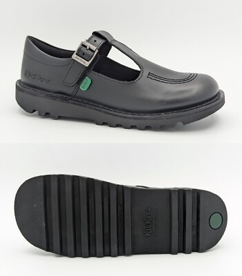 Girls KICKERS Black Leather T-Bar School Shoes New Youth Womens Casual Size  3-6 UK