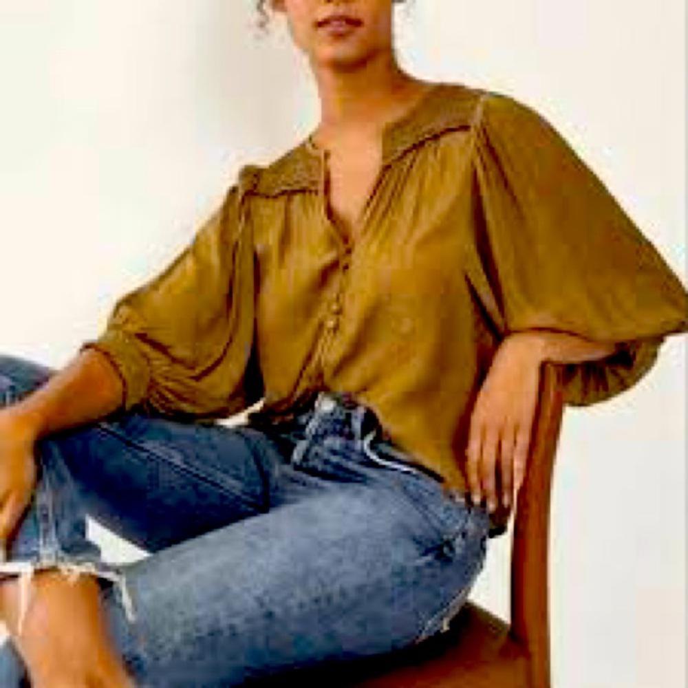 Anthropologie Cacee Blouse Jacquard Shirt Balloon Sleeve Button Front Top XSP