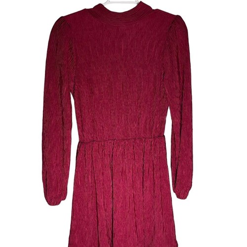 FLORET STUDIOS Plissé Tie-Neck Long Sleeve Dress Burgundy Size M - Picture 2 of 5
