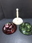 Fenton Ruby Red Glass Hand Painted Hat & Green Glass Hat w/Pedestal,Box Preowned