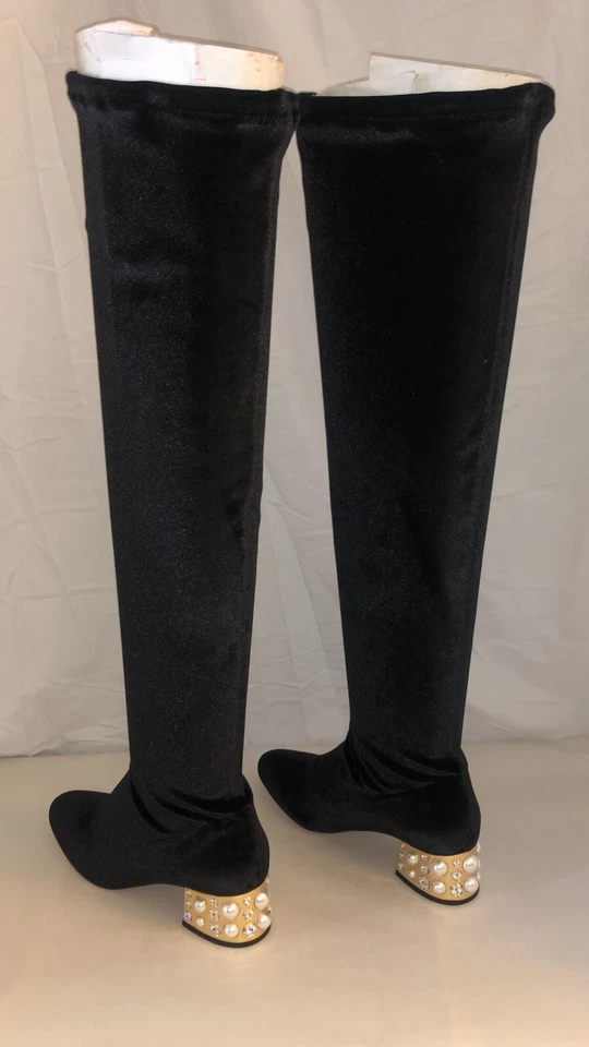 37/7❤️ BOTAS ALTAS SEBASTIAN MADE ITALY Oro Tacones Bajos Terciopelo Elástico SOBRE LA RODILLA Foto 4 de 4