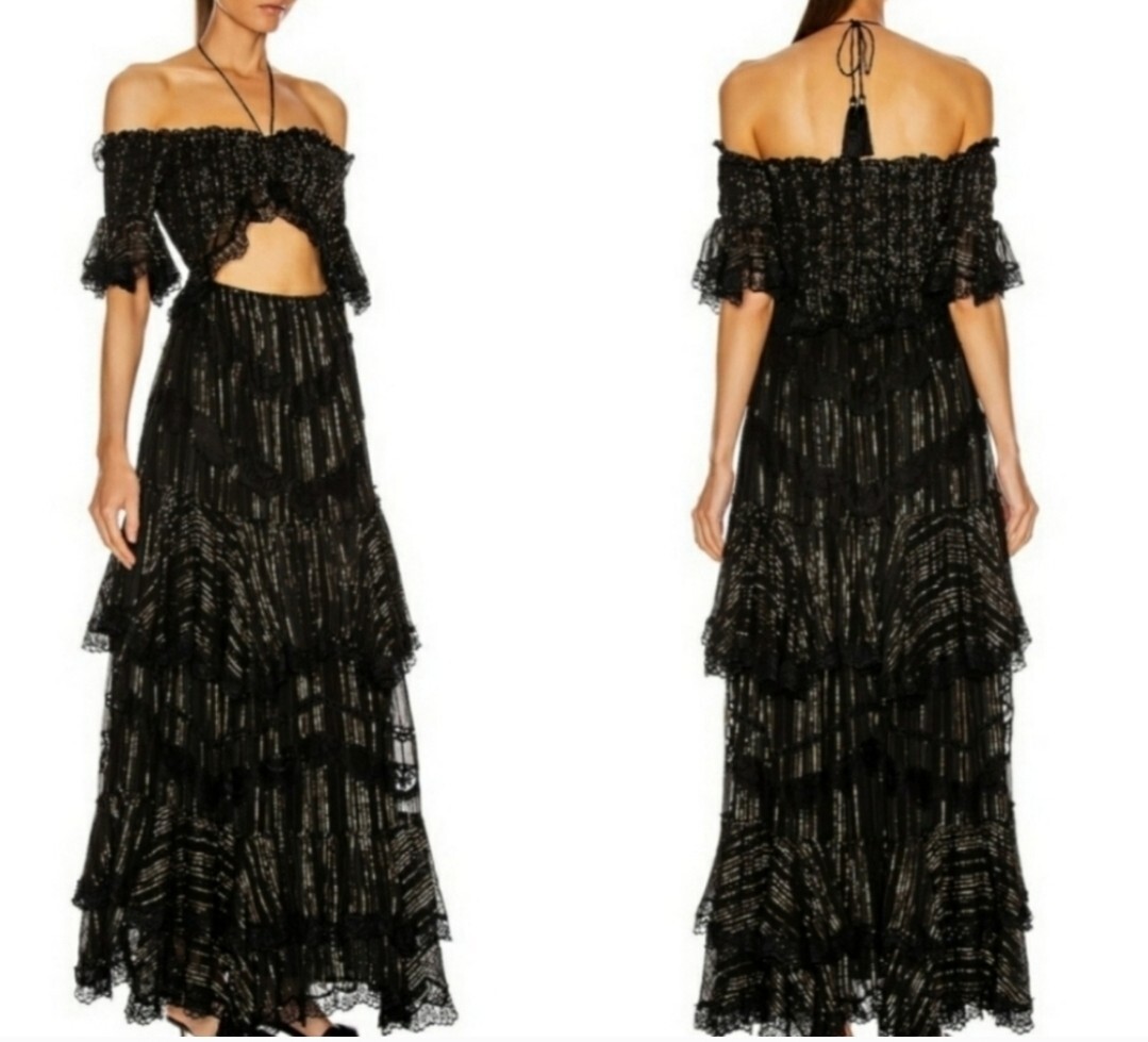 NWT Rococo Sand Revolve Sz XS Adina Black Gold Cutout Maxi Dress $597 Sexy  | eBay
