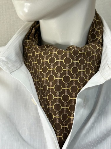 Corbata HERMES Ascot 100% seda bufanda cinturón patrón Francia marrón oro #y4714 - Imagen 2 de 7