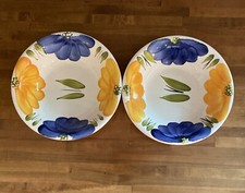 Set Of 2 LaPrimula Made In Italy Hand Painted Daisy Yellow Blue Bowls 8”