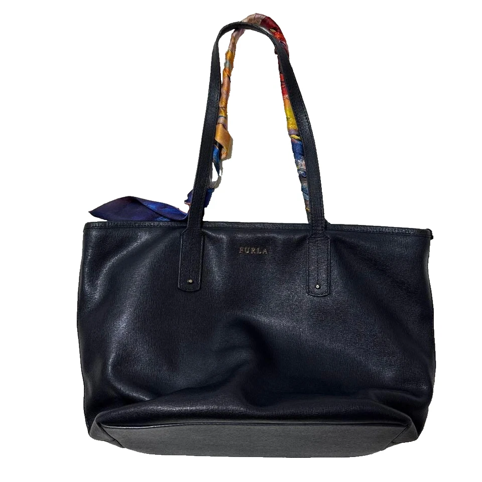 FURLA Foulard Logo Lanière Cuir Sac Cabas Bandoulière Femme Noir Véritable USED - Photo 1/4