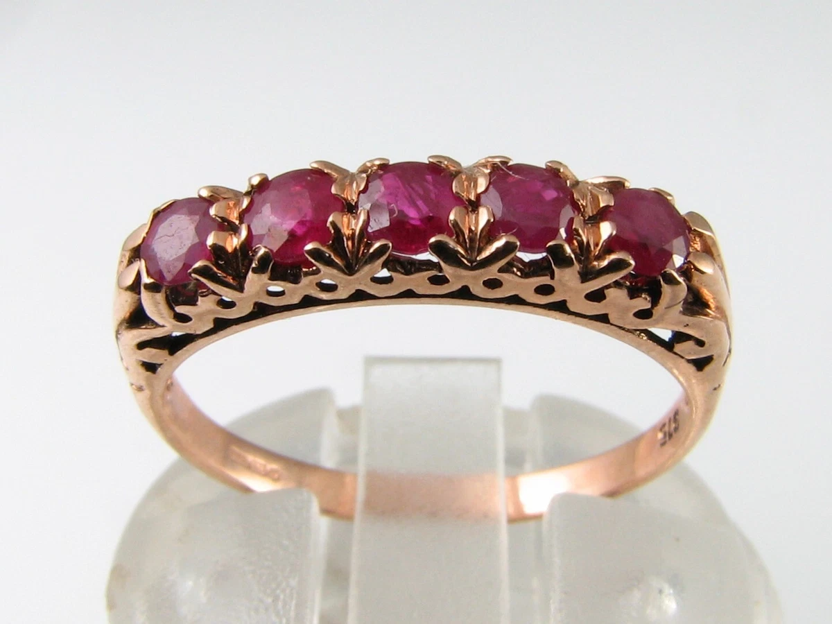 Anillo Eternity 9ct Oro Rosa Ruby Natural Redondo 5 Gemas Ajustable