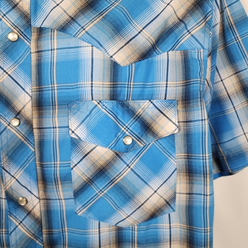 Wrangler Western Fashion Shirt Mens L Blue Plaid Short Sleeve Pearl Snap - Picture 8 of 10