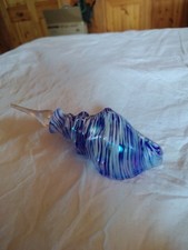 Vintage Swirl Glass Blue Perfume Shell Shaped Bottle With Stopper, 7" Long.