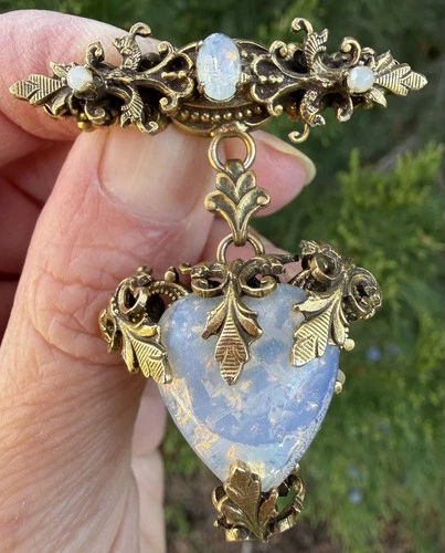 Vintage Opalescent Rhinestone dangle heart lavalier brooch pin costume jewelry