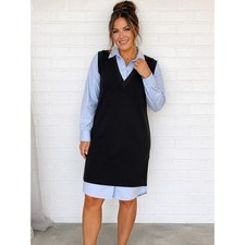 Zara Women’s M Knee Length Dress Black Blue Layered Sweater Vest Collared Preppy