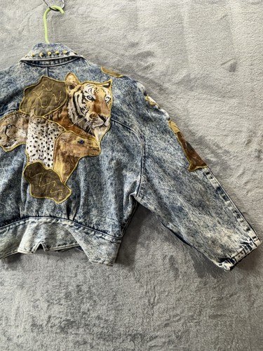 VTG Wild Cherry USA Made Zebra Tiger Jean Denim Crop Jacket Studs Small 80s 90s - Picture 19 of 20