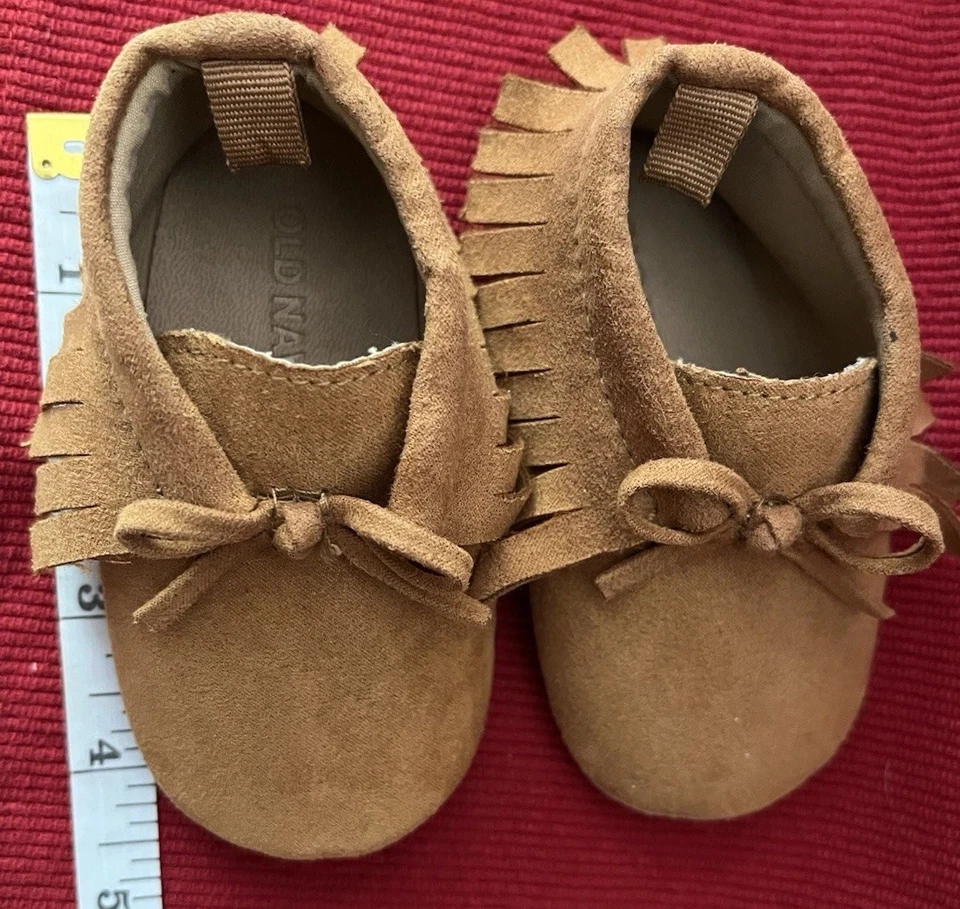Botines mocasín bebé azul marino antiguos con flecos sin cordones coñac 6-12 meses con lazo, ¡lindosos! Foto 3 de 4