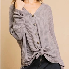 NWT Umgee Boutique waffle textured button up top mocha brown neutral womens S