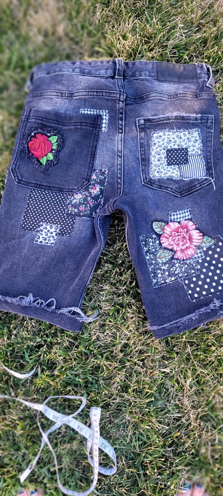 Black Upcycled Patchwork Denim Button Fly shorts-… - image 11