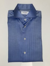 Eton Signature Twill Slim Fit Dress Shirt Blue Herringbone 40 15 3/4 NWOT Cotton
