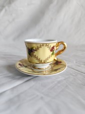 Vintage Mini Doll Tea Cup  Saucer   Yellow with Gold  Floral Accents Porcelain