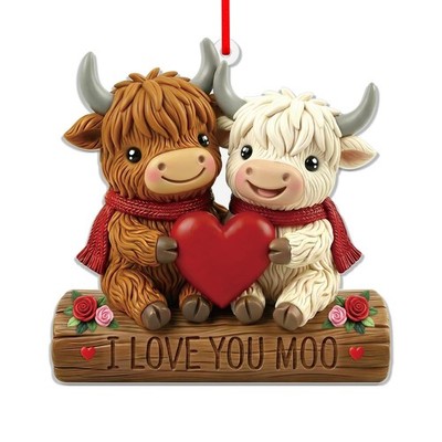 Valentine s Day Highland Cow Ornament - I Love You Moo Pun Heart Decorative Hang