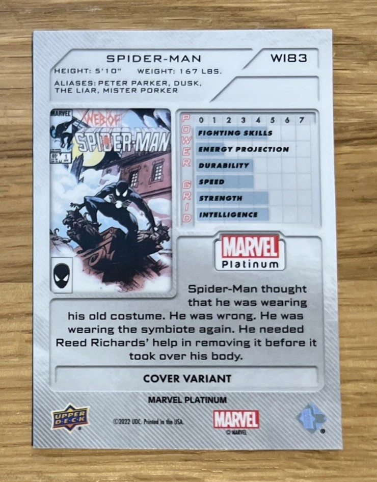 2024 UPPER DECK  Marvel Masterpieces Platinum COVER VARIANT WI83 SPIDER-MAN Mint - Image 2 of 2