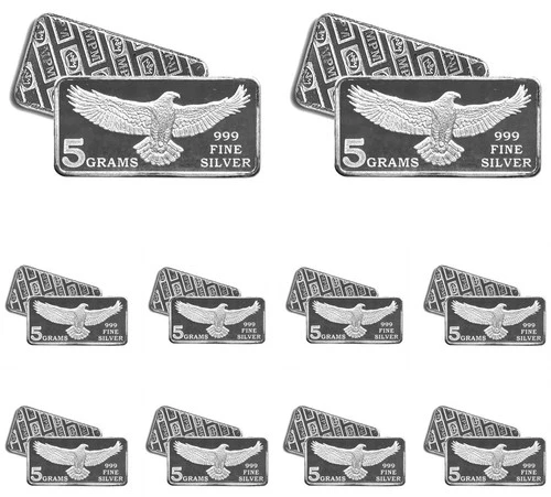 LOT 10 X 5 GRAM .999 FINE SILVER MONARCH EAGLE BARS BU